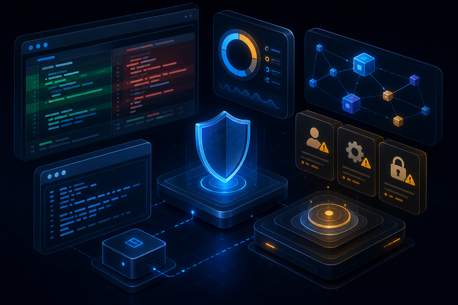 Abstract AI code risk audit dashboard illustration